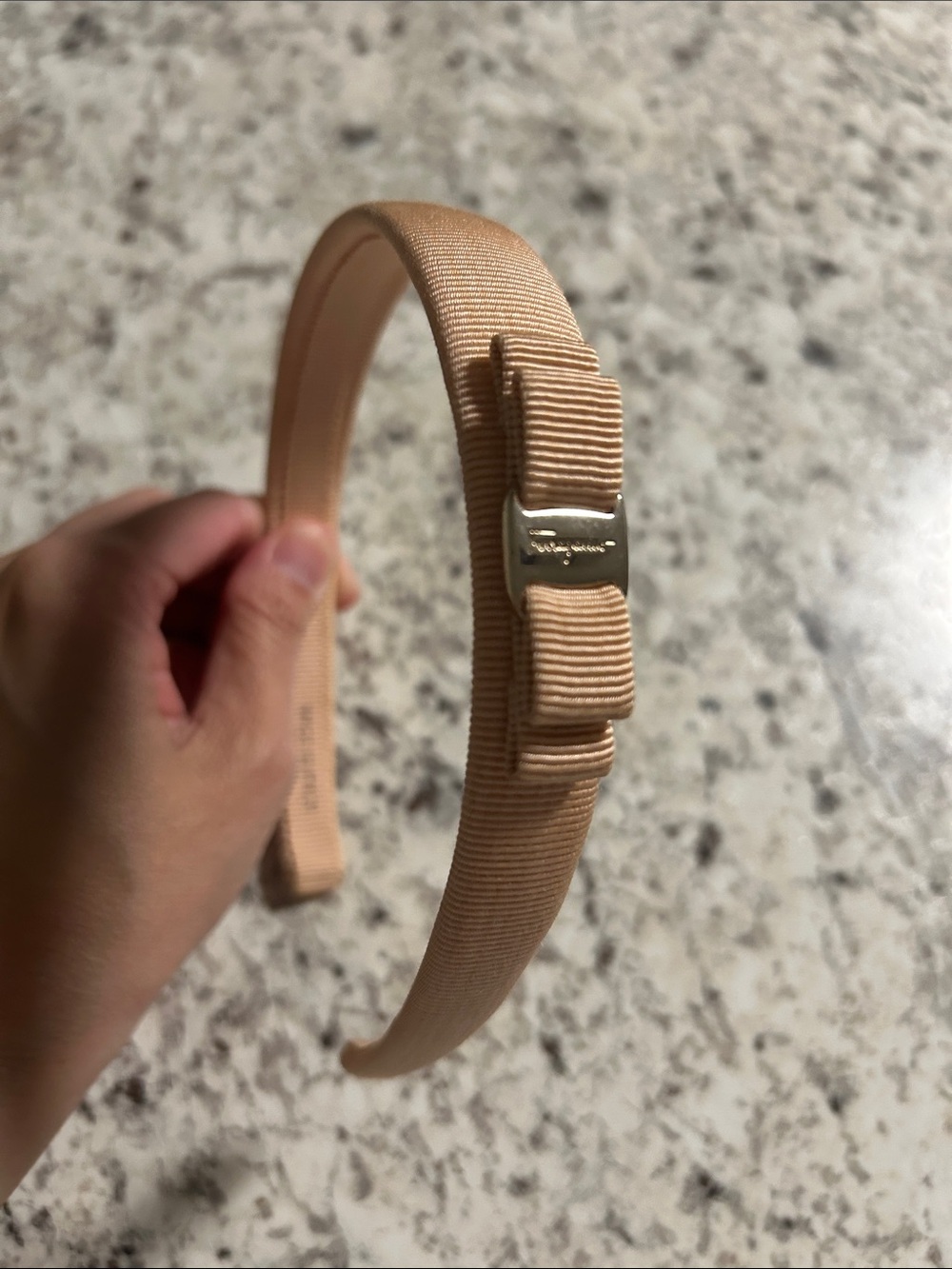 Salvatore Ferragamo Peach Grosgrain Bow Headband with Metal Logo